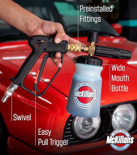 McKillans Pressure Washer Gun with Swivel & Foam Cannon Wide Mouth & M22-14mm Adapter - Adjustable Thick Foam - Power Washer Gun - 3/8" Male Plug & 1/4” Quick Connector Coupler - color: Swivel Gun & Foam Cannon