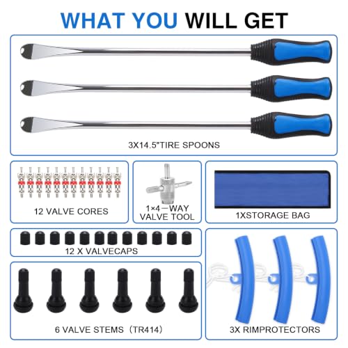 Tire Spoons Kit, 38PCS Tire Changing Tool for Motorcycles, Dirt Bikes, Lawn Mowers and Tractors, 14.5" Tire Spoons with Rim Protector, Valve Tool, Valve Cover and Valve Core