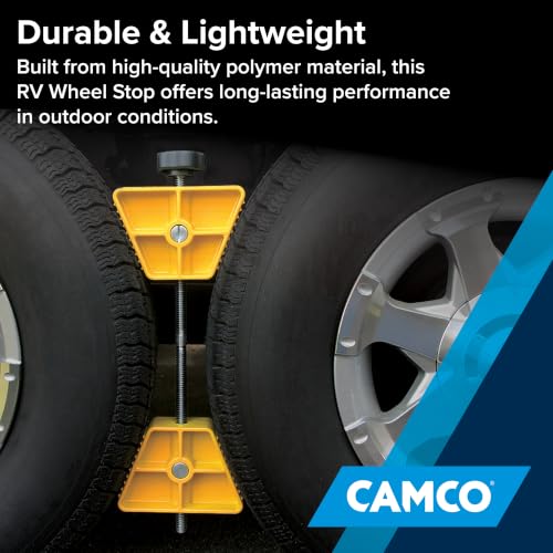 Camco Small RV Wheel Stop - Features a Lightweight Heavy-Duty Design with a Rubber Handle, Prevents Shifting of Trailer Tandem Tires While Parked or Re-Hitching, and Fits 26” to 30” Tires (44652)