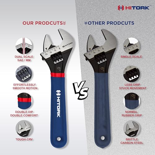 HITORK 2 piece Adjustable Wrench Set, 6 & 10 Inch, CRV Steel, Black Oxide, Double Dip Sleeve, Quick Adjust, Laser Etched SAE & Metric Scale, Anti Rust & Durable – For Plumbing, Garage & Workshop