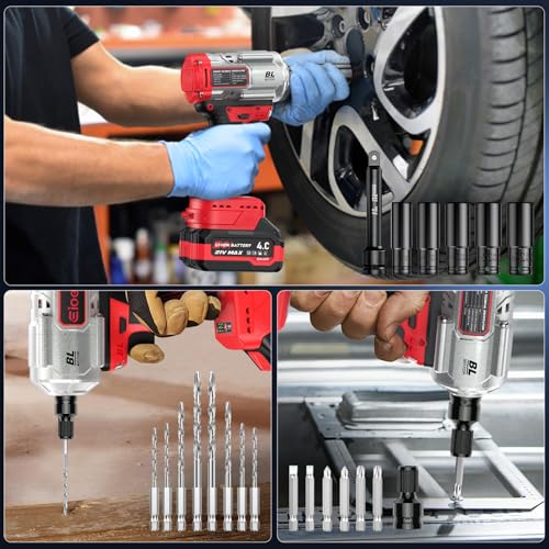 Eioehtl Cordless Impact Wrench 1200Nm, Impact Driver & Impact Drill 1/2" Brushless Power Tool with 2×4.0Ah Batteries, 5 Sockets, 8 Drill Bits, 5 Driver Bits, Extension Bar & Adapter for Car, Van & DIY