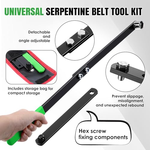 Meonum Universal Serpentine Belt Tool Kit, Includes 3/8" & 1/2" Drive Belt Adjust Tightener Wrench Set, 4 Shallow Sockets, 3 Crowfoot, Tensioner Wrench & Removal Tool Auto Repair, Maintenance(Green) - color: Green