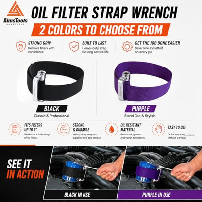 Heavy Duty Nylon Strap Oil Filter Wrench, Up to 9 Inch Universal | Strap Band, Tight Area Access, Secure Grip Texture, Engine Filter, Conduit and Fitting Removal, Cars Trucks SUVs RVs - size: Up to 9"(229mm) - Black