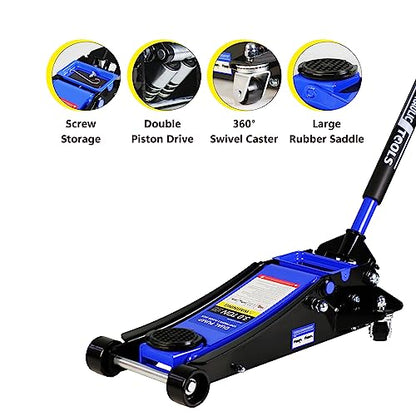 3 Ton Low Profile Floor Jack, Heavy Duty Steel Racing Floor Jack with Dual Pistons Quick Lift Pump, Lifting Range 3.3"-19.7", Hydraulic Jack Professional Car Jacks 3 Ton/6000 LBS Capacity Blue - color: Blue - 3 Ton(Dual Pump), Lift 3.3"-19.7"