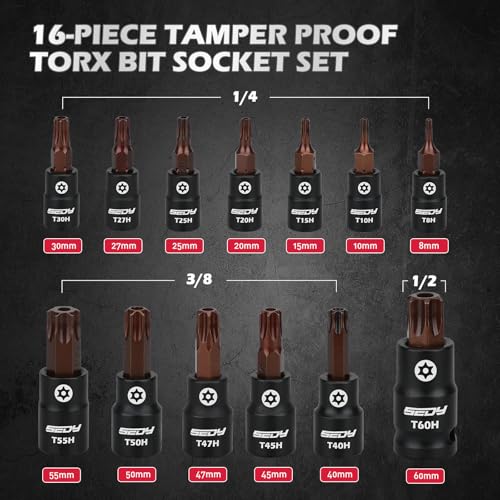 16 - Piece Tamper Proof Torx Star Bit Socket Set – T8-T60, 1/4", 3/8", 1/2" Drive with Magnetic Organizer, Includes Adapters for Garage & Workshop Use - style: 16PCS Torx T8–T60