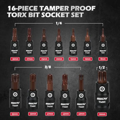 16 - Piece Tamper Proof Torx Star Bit Socket Set – T8-T60, 1/4", 3/8", 1/2" Drive with Magnetic Organizer, Includes Adapters for Garage & Workshop Use - style: 16PCS Torx T8–T60