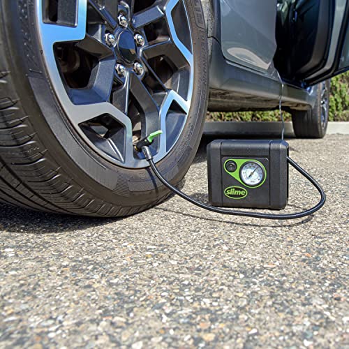 Slime 40060 Tire Inflator, Compact, Portable Car Air Compressor, Analog, Quick Connect Air Hose, Flat Tire Puncture Repair, 12V, 10 min inflation - style: Compact