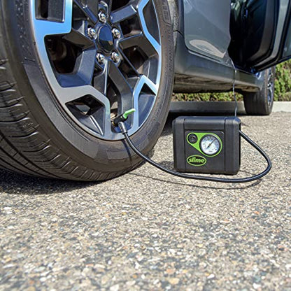 Slime 40060 Tire Inflator, Compact, Portable Car Air Compressor, Analog, Quick Connect Air Hose, Flat Tire Puncture Repair, 12V, 10 min inflation - style: Compact