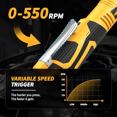 FULLYEA Cordless Electric Ratchet Wrench Set, 550RPM, 45Ft-lbs, 16.8V Extended cordless ratchet wrench 3/8, Power Ratchet with Variable Speed, 1/4" Adapter, 2 * 2.0Ah Battery and Fast Charger(Yellow)