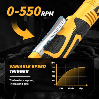 FULLYEA Cordless Electric Ratchet Wrench Set, 550RPM, 45Ft-lbs, 16.8V Extended cordless ratchet wrench 3/8, Power Ratchet with Variable Speed, 1/4" Adapter, 2 * 2.0Ah Battery and Fast Charger(Yellow)