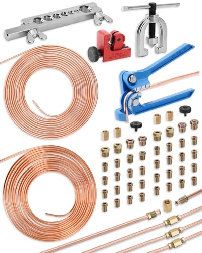 25 ft 3/16in &1/4in Copper Coated Brake Line Flaring Tool Kit, Includes 3-in-1 Tube Bender, Double & Single Flaring Tool Set, 1 Tube Cutter, 4 Threads Unions, 40 Fittings - color: 3/16 in & 1/4 inc Copper Coated