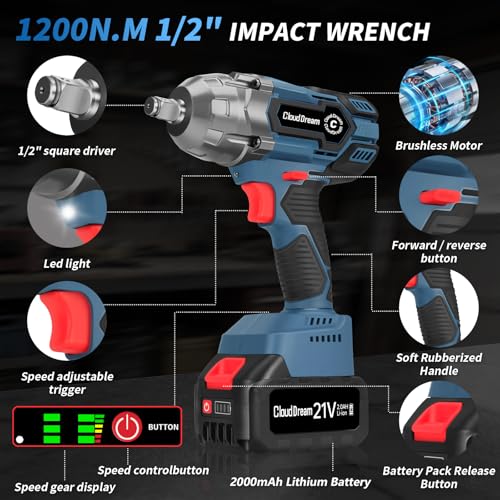 1/2 Inch Cordless Impact Wrench,900Ft-lbs (1200N.m) Brushless Electric Impact Gun,3800RPM High Torque Electric Impact Driver Kit with 2 Batteries,Fast Charger,5 Sockets,Case for Car Tires,Mower,Pickup