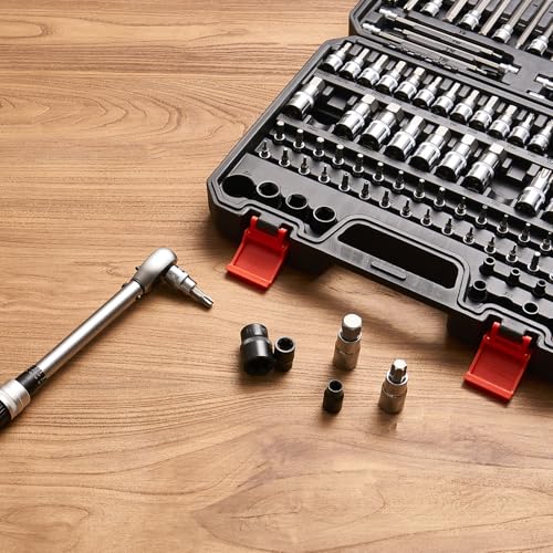 VEVOR Bit Socket Set, 107-Piece SAE and Metric, Hex/Torx/External Torx/Tamper-Proof/Extra Long, S2 Alloy Steel and Cr-V Steel, 1/4 in, 3/8 in, and 1/2 in Drives, with Enhanced Storage Case, Hand Use - style: 107 PCS Hex & Torx & E-Torx