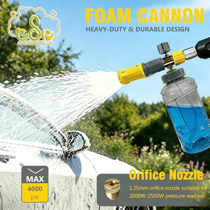 ESP Foam Cannon for Pressure Washer, Snow Foam Gun Car Wash, 1.25mm Nozzle, Adjustable Foam, Transparent Graduated Bottle, Stainless Steel Quick Connect, Fits 120-280 Bar - color: Yellow