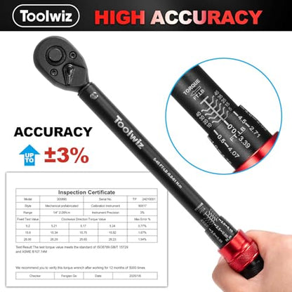 Toolwiz 3/8-Inch Drive Click Torque Wrench 5-45 Ft-Lb/6.8-61 Nm | ±3% High Accuracy Dual Direction Adjustable 72 Tooth Torque Wrenches Tool for Bike, Motorcycle, MTB, Car Repair