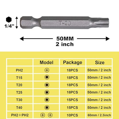 T30 Torx Bit Set, 15 PCS, 2 Inch | S2 Steel, High Torque Star Impact Driver, 1/4" Hex Shank Magnetic, Structural Framing, Heavy Duty Wood Construction - size: T30-15pcs