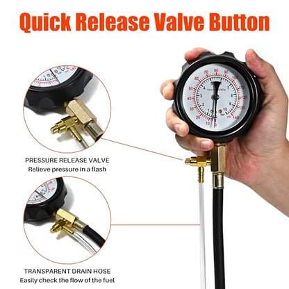 Pro Fuel Injection Pressure Tester Kit, 0-140 PSI Fuel Injector Pressure Tester Tool Kit with 9.49,7.89,6.30 Fuel Line Fittings, Gauge, Quick Coupling for Car Truck Motorcycle Engine Leak Down