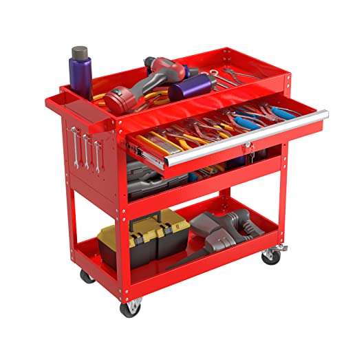 3-Tier Rolling Utility Cart, Metal Tool Cart on Wheels with Lockable-Red | 330 lb. Load Capability Heavy Duty Tool Cart with Drawers, Mechanic Tool Cart for Garage, Warehouse, Repair Shop - color: Red