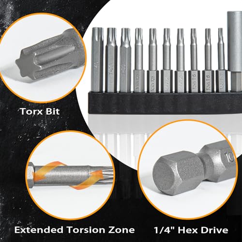 Torx Bit Set T10–T40, 10 PCS 2" Star Screwdriver Set + 2-3/8" Magnetic Drill Bit Holder, 1/4" Hex, S2 Steel CNC Precision Tips, Impact Driver/Drill Compatible - size: T-MIX