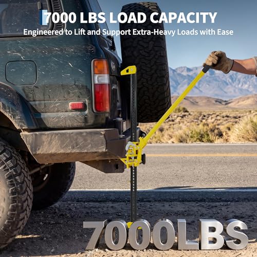 Garvee 33 in High Lift Farm Jack 3 Ton/7000 LB, Ratcheting Offroad Jack with 5.2-25.8 in Lifting Range, Heavy Duty Utility Bumper Lifter for Car, Tractor, Truck, SUV, Yellow | 7000 LB Ratcheting Offroad Jack, Heavy Duty Utility Bumper Lifter for Car, Trac