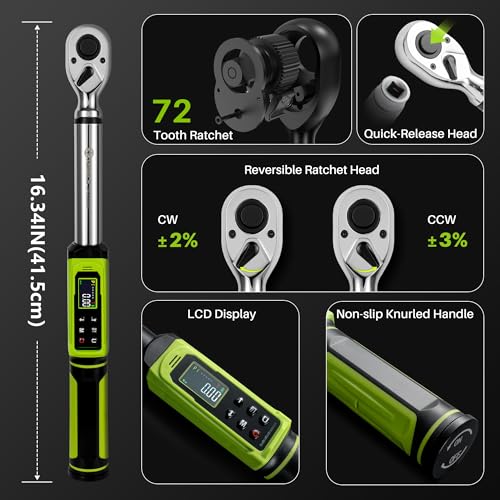 1/2" Digital Torque Wrench-2-147.5Ft.Lb for Car Motorcycle Repair | Electric Torque Wrench 1/2 Drive(3-200N.m), Vibration Buzzer LED Indicator,±2% Accuracy Five Units for Bike Tire Auto Repair - style: 1/2" 2.2-147.5Ft.Lb Set