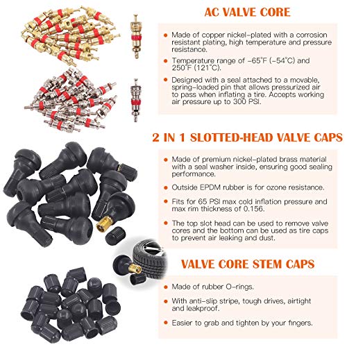 65 pcs Tire Valve Stem Tool Puller and Installer Kit- 50 Pcs Valve Cores with Slotted-Head Valve Caps, Tire Stem Puller Tools,Dual Single Head Valve Core Remover and 4-Way Valve Tool