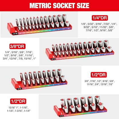 WORKPRO Socket Organizer Set, 4PC 1/4" 3/8" 1/2" Drive SAE Socket Holder | Fits Impact Sockets, Holds 82 Pieces Sockets, Large Capacity, Clear Size Identification, Socket not Included - size: 4 Pieces-1/4", 3/8", & 1/2" DR, SAE