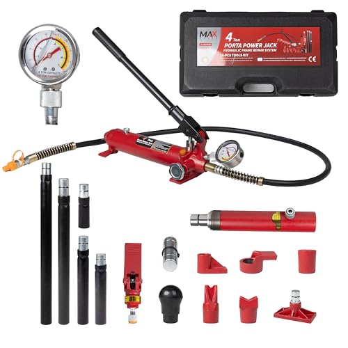 Maxority 4 Ton (8800 lbs Capacity) Porta Power Jack Hydraulic Ram Auto Body Frame Collision Repair Kit Set, 18-Pcs, with Blow Mold Carrying Case and Gauge - size: 4 Ton with gauge