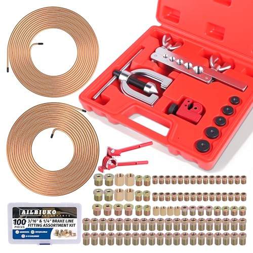 3/16" 1/4" Brake Line Repair Kit, Double & Single Brake Line Flaring Tool Kit + 2 Set 25ft 3/16" 1/4" Inch Brake Line with 100 Pcs Fittings(8 Unions Included) + Brake Line Bender - size: 3/16"+1/4"