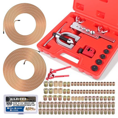3/16" 1/4" Brake Line Repair Kit, Double & Single Brake Line Flaring Tool Kit + 2 Set 25ft 3/16" 1/4" Inch Brake Line with 100 Pcs Fittings(8 Unions Included) + Brake Line Bender - size: 3/16"+1/4"