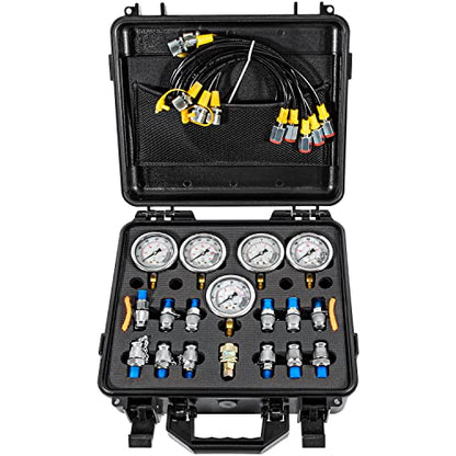 Hydraulic Pressure Test Kit with 5 Gauges 13 Test Couplings 14 Tee Connectors 5 Test Hoses for Excavator Construction Machinery 10/100/250/400/600bar 150/1500/4000/6000/9000PSI - style: 5 Gauges 27 Test Couplings