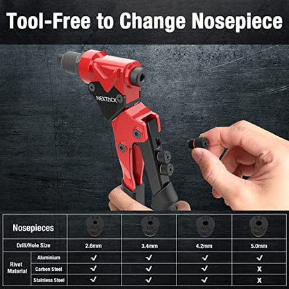 NEXTACK Heavy Duty Pop Rivet Gun Kit (NT200) – 360° Swivel Head for Tight Spaces, 4 HSS Drill Bits + 200 Assorted Rivets + 4 Nosepieces | Rugged Organized Case - size: Swivel Head Rivet Gun w/ 200 rivets
