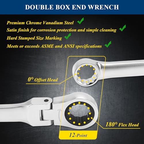 PRIDE&CRAFT 10-Piece Extra Long Ratcheting Wrench Set - Metric Flex Head Double Box End (8-19mm) 2X Longer Wrenches, Chrome Vanadium Steel with 90-Tooth Ratchet for Automotive Repair - size: 10-Piece