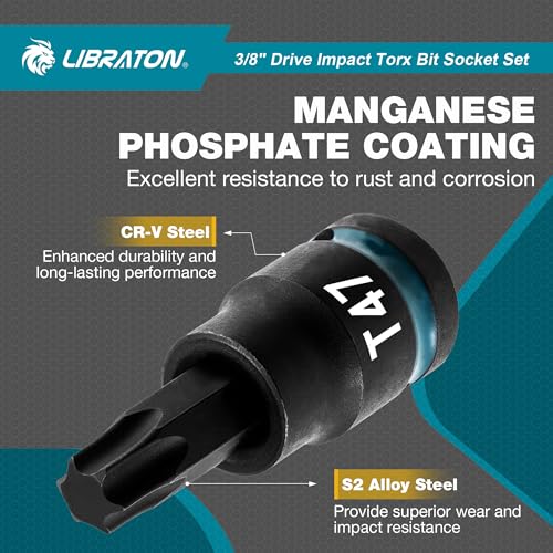 LIBRATON 24PCS 3/8 Drive Impact Torx Bit Socket Set, Extra Long Torx | Extra long 2in&6in Torx Bit Set, T10-T60 Coverage, S2 Alloy Steel Star Bit Sockets, Impact for Auto Repair, Blow Molded Box