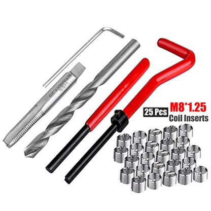 Yakamoz 30Pcs M8 Thread Repair Kit Metric M8 x 1.25 Helical Coil Inserts Stripped Thread Repair Damaged Screw Threads Rethreading Drill Bit Taps Helicoil Kit Repairing Tool