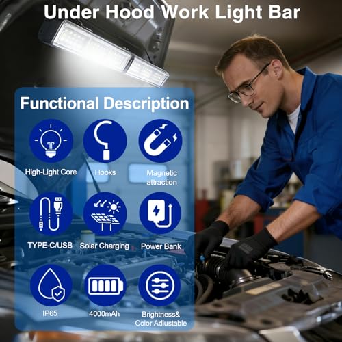 Solar Magnetic Work Light Bar 3000LM 4000mAh, Rechargeable LED Underhood Mechanic Light for Car Repair & Camping, Strong Magnet Base, Tripod Mount, Hook, Type-C - style: L0