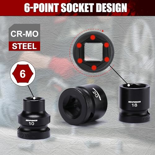 MIXPOWER 15-Piece 1/2" Drive Stubby Impact Socket,CR-MO,10-24mm,6-Point,Metric,Radius Corner Design, Axle Nut Impact Grade Socket for Easy Removal - size: 1/2" Drive / Metric Set