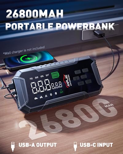 Car Jump Starter with Air Compressor 160PSI, 7000A Car Battery Jumper Starter Portable 12V Jump Box(All Gas/12L Diesel), Cordless Tire Inlfator, 26800mAh Powerbank, Led Lights, Safety Hammer