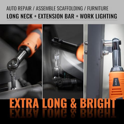 3/8" Electric Ratchet Wrench Set, Extended Long Neck Cordless Ratchet, 16V 45 ft-lbs Power Ratchet Kit, 600 RPM, 2 Batteries, LED, 9-Piece Accessory Set & Toolbox for Auto Repair