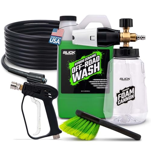 Slick Products Pro Premium Foam Cannon Wash Kit with Hybrid Ceramic Off-Road Wash 64oz, Premium Cannon, Scrub Brush, Swivel Handle and Flex Hose – Car Wash Kit for Trucks, ATVs & UTVs