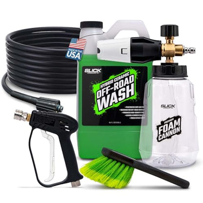 Slick Products Pro Premium Foam Cannon Wash Kit with Hybrid Ceramic Off-Road Wash 64oz, Premium Cannon, Scrub Brush, Swivel Handle and Flex Hose – Car Wash Kit for Trucks, ATVs & UTVs
