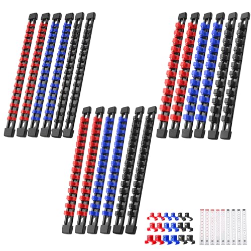 Reniteco 18-Pack Socket Organizer Set, 1/4" x 96 3/8" x 90 1/2" x 72 Clips | 258 Clip Capacity, Havy-Duty ABS Socket Rails, Removable Clips, Drive Socket Storage, Toolbox Drawer or Wall Mount - color: Blue&red&black, size: 18 Pcs