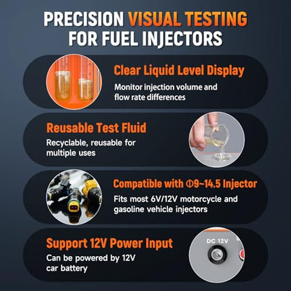 FOXWELL JT200 Fuel Injector Tester, Fix Engine Misfire & Rough Idle -Visualize Spray Pattern & Flow Rate, Fuel Injection System Tester Cleaner Diagnostic Tool for 6V/12V MPI Motorcycle & Car Injectors