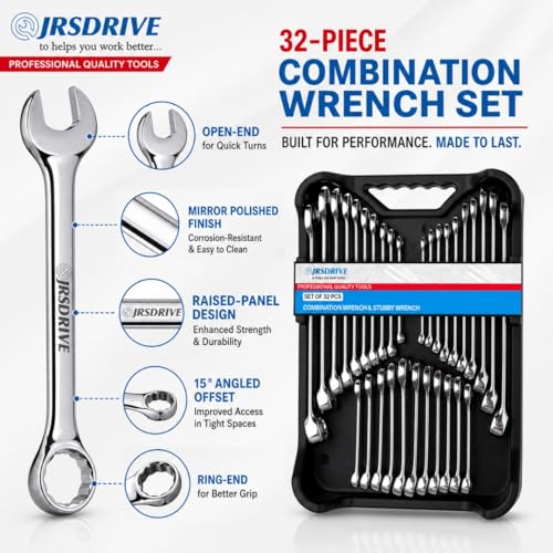 32-Piece SAE & Metric Combination Wrench Set – Standard & Stubby Wrenches, Chrome Vanadium Steel, 12-Point Box End, Mirror Chrome Finish with Organizer Tray for Automotive & Home Repair