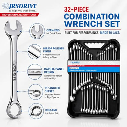 32-Piece SAE & Metric Combination Wrench Set – Standard & Stubby Wrenches, Chrome Vanadium Steel, 12-Point Box End, Mirror Chrome Finish with Organizer Tray for Automotive & Home Repair