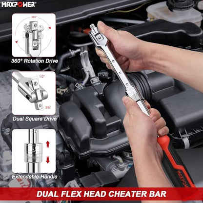 MAXPOWER Socket Wrenches Set, Extendable Ratchet Wrench 72-Tooth Reversible Ratcheting and 360 Flex Head Breaker Bar, Both Double Head 1/2" & 3/8" Drive