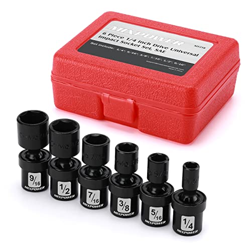MIXPOWER 6PCS 1/4" Drive SAE Shallow Universal Impact Socket Set, 1/4" - 9/16", Swivel Socket with Flexible Wobble, CR-MO - size: 6 Pcs SAE 1/4" Dr. (Shallow)