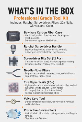 Tire Repair Rubber Nail Kit with Ratcheting Screwdriver, Needle-Nose Pliers & Organizer Case, Fast Self-Service Tool for Car, Truck, Motorcycle, Tractor Tire Puncture Repair - size: All-in-One Package