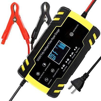 Smart Battery Charger Maintainer for Car, 110-240V(Input) 12V/8A 24V/4A (Output) Automotive Battery Charger with LCD Digital Display for Truck AGM Motorcycle Charger or Repair