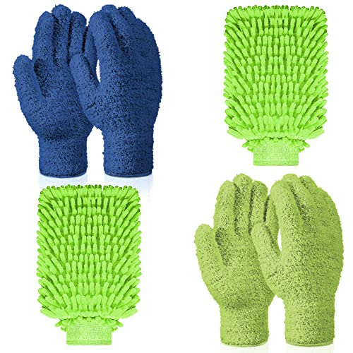 Potchen 6 Pcs Microfiber Dusting Mitt Gloves for Plants Washable Dusting Gloves for House Cleaning Furniture Car Washing - color: Navy Blue, Green